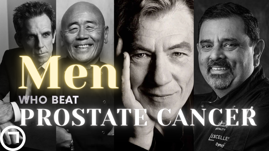Black-and-white collage of four men, including public figures, with bold text reading “Men Who Beat Prostate Cancer,” highlighting resilience and survival.