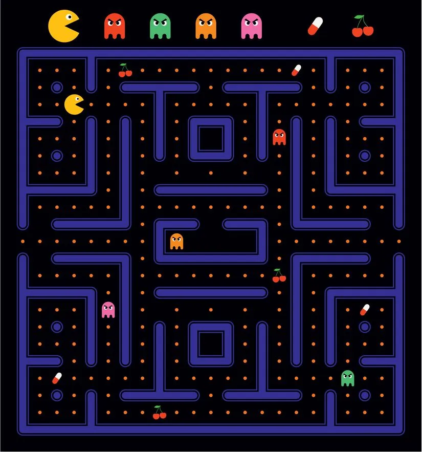 Retro Pac-Man maze gameplay with ghosts, dots, and classic arcade layout on dark background