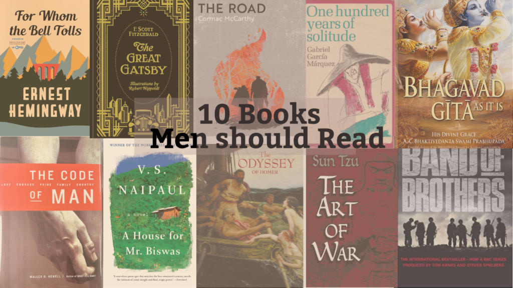 Collage of iconic book covers including The Great Gatsby, The Art of War, The Odyssey, and Bhagavad Gita, highlighting essential reads every man should experience at least once.