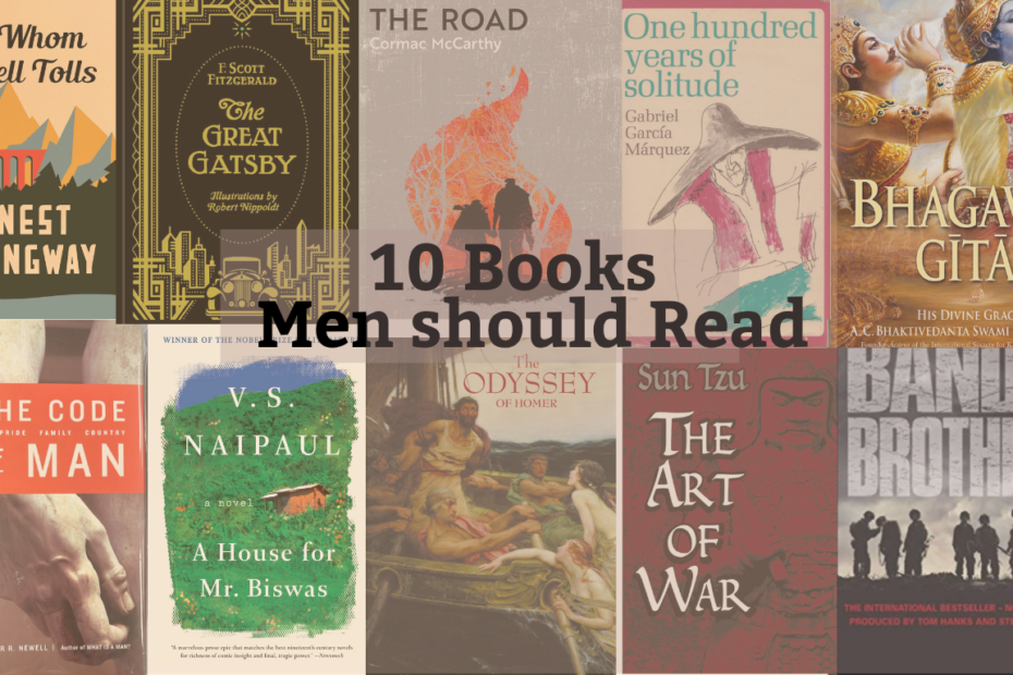 Collage of iconic book covers including The Great Gatsby, The Art of War, The Odyssey, and Bhagavad Gita, highlighting essential reads every man should experience at least once.