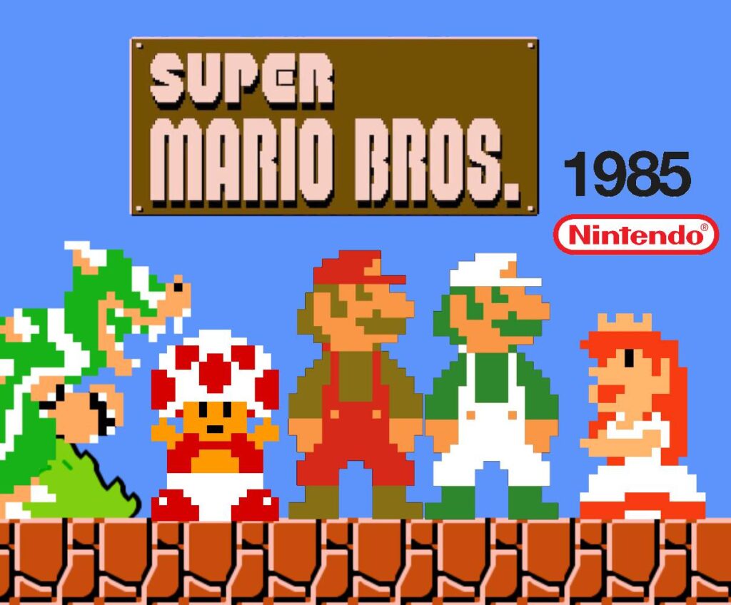 Super Mario Bros 8-bit characters including Mario, Luigi, Toad, and Bowser on classic pixel platform