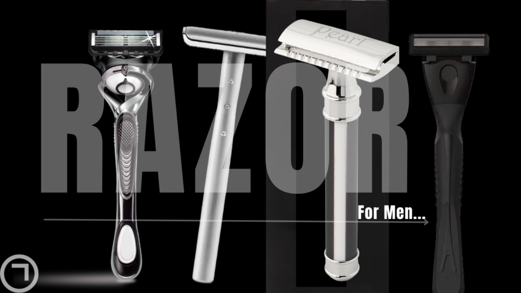 Collection of different men’s razors including cartridge and safety razors displayed against a dark background, highlighting various designs and styles for grooming.