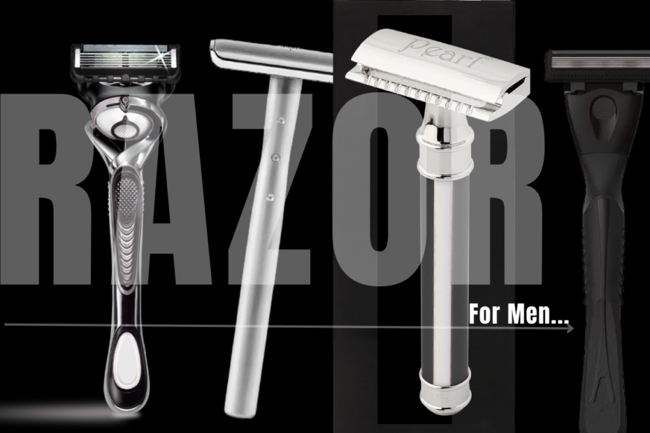 Collection of different men’s razors including cartridge and safety razors displayed against a dark background, highlighting various designs and styles for grooming.