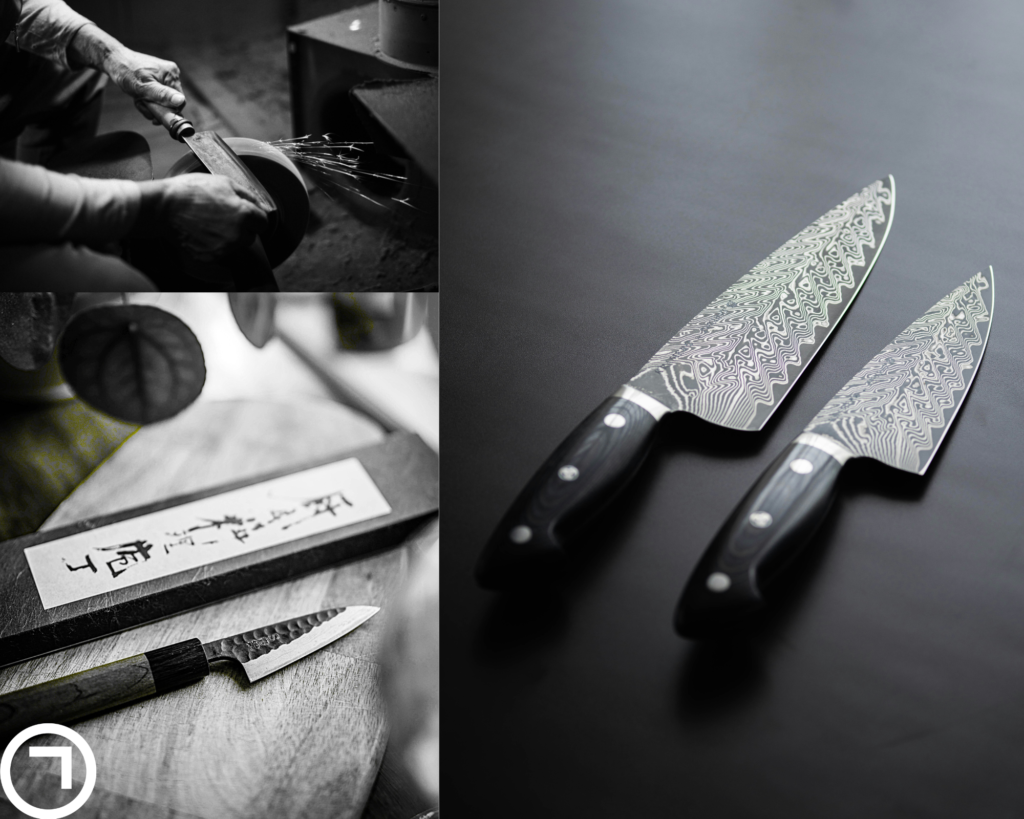 bladesmith shaping knife with tools and finished damascus blades