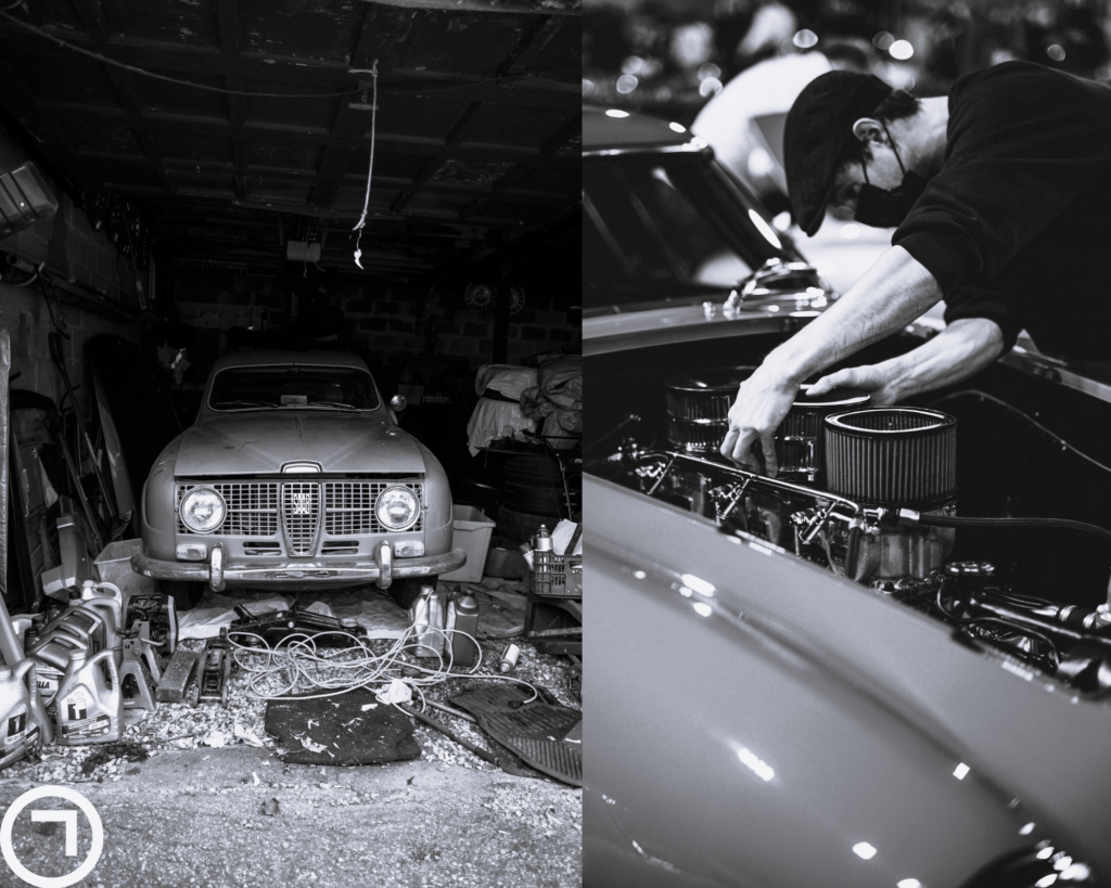 man restoring classic car engine in garage and vintage car parked