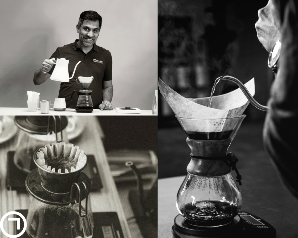 A collage of a man and coffee with pouing over coffee brewing process with filter and kettle setup
