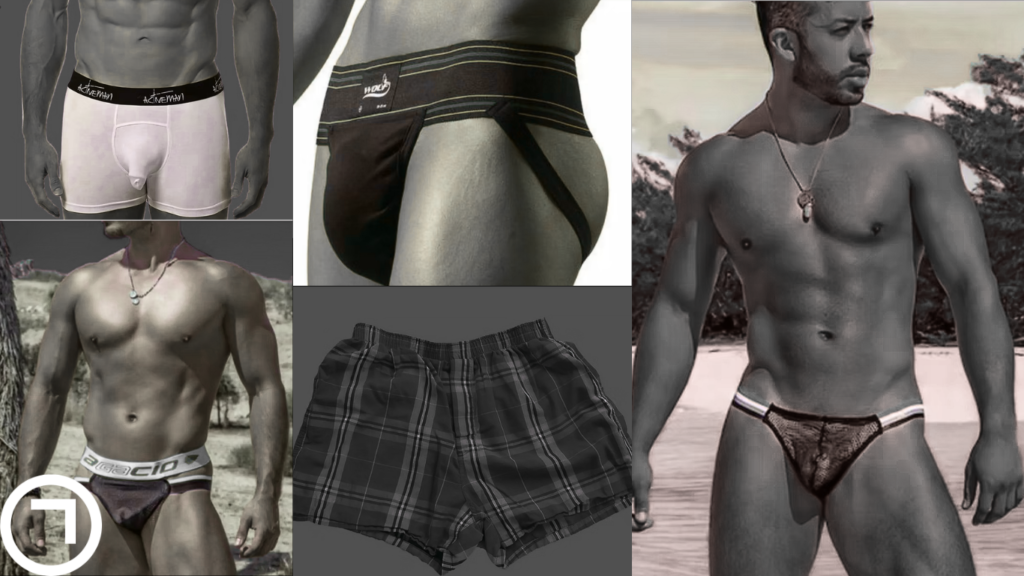 A collage showcasing various styles of men’s intimate wear, including boxer briefs, jockstraps, lace thongs, and loose boxers, illustrating the shift from purely functional underwear to expressive, body-enhancing designs.