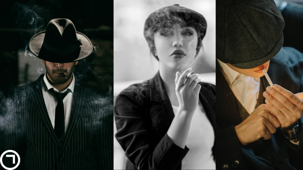 Collage of stylish men and a woman smoking cigarettes, portraying the classic cinematic aesthetic that associates smoking with sophistication, mystery, and rebellion.