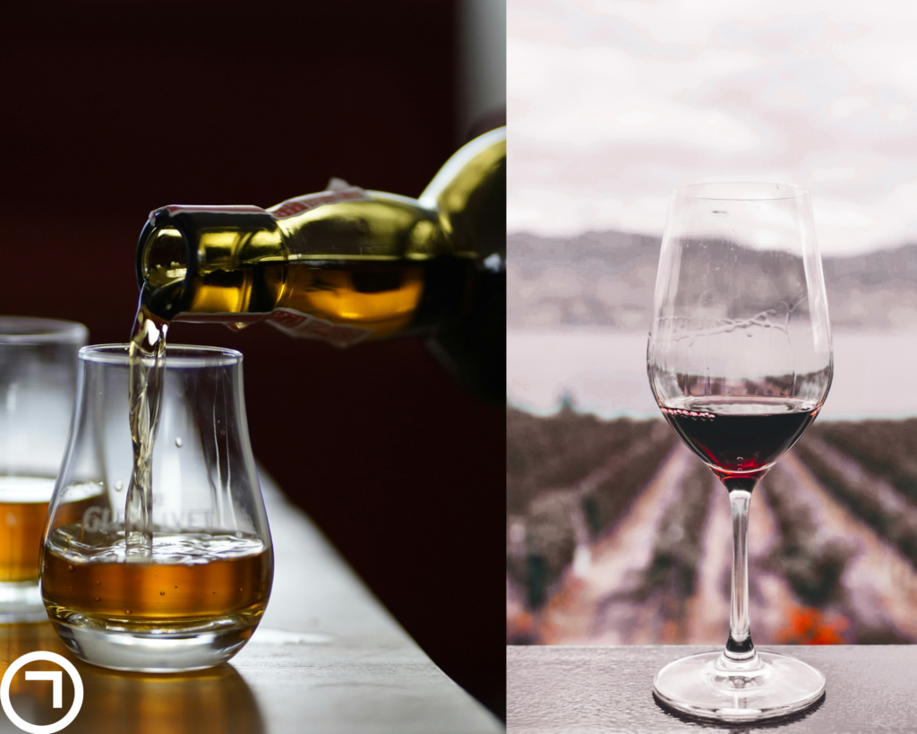 collage of whisky being poured from a bottle and wine glass with vineyard landscape in background