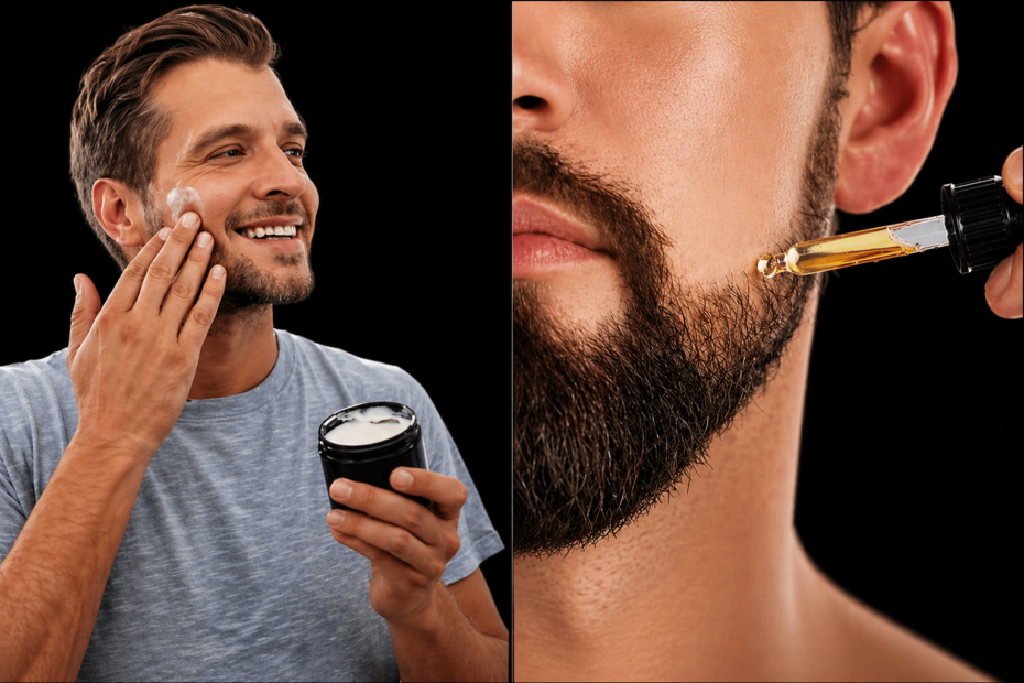 collage on a black background showing a man applying beard balm on the left and a close-up of beard oil being applied with a dropper on the right.
