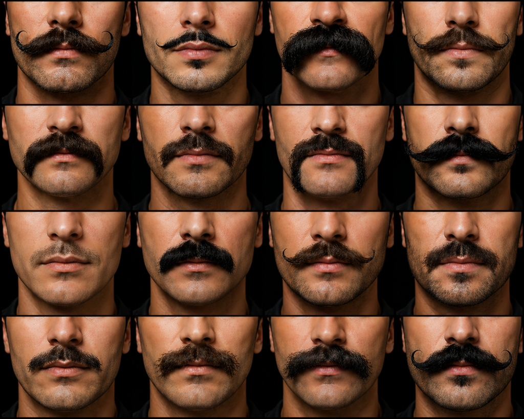 Grid collage of close-up male faces showcasing different moustache styles against a black background, highlighting variations in shape, thickness, and grooming.