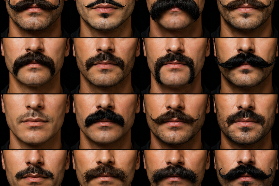 Grid collage of close-up male faces showcasing different moustache styles against a black background, highlighting variations in shape, thickness, and grooming.