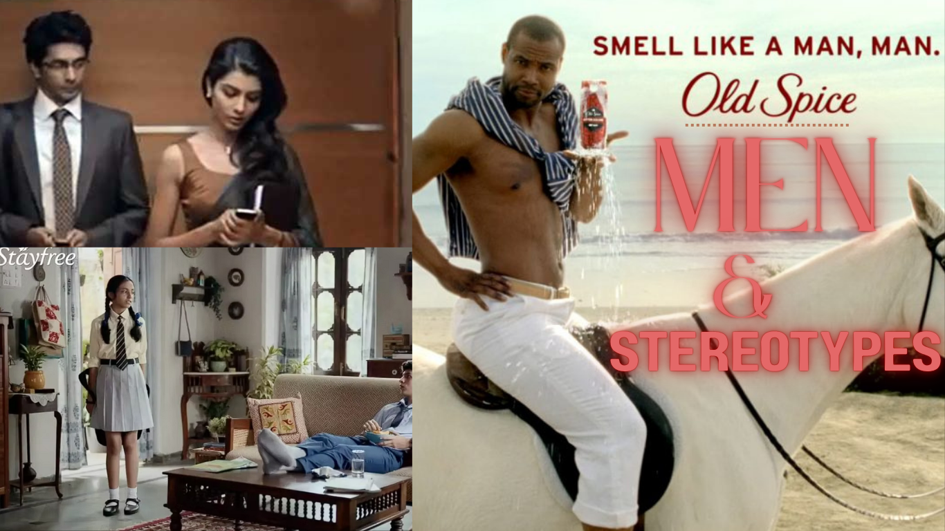 Collage of advertisements showing male stereotypes: a shirtless man from an Old Spice ad riding a horse on a beach, a suited man awkwardly trying to impress a woman, and a domestic scene with a relaxed boy while a schoolgirl stands—titled “Men & Stereotypes: As Presented by Media".