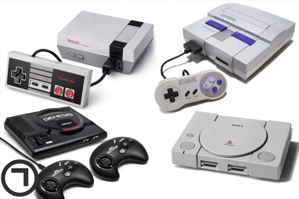 Collage of four classic gaming consoles—Nintendo NES, Super Nintendo, Sega Genesis, and Sony PlayStation—arranged in a 2x2 grid with controllers, featuring the BFH logo in the bottom-left corner.