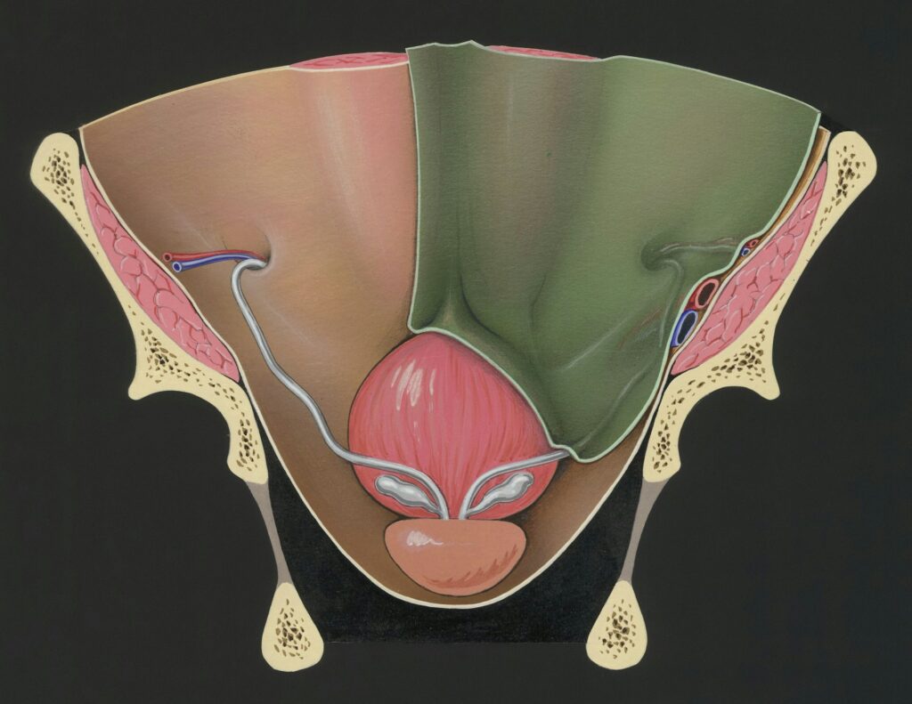 Illustration of a cross-sectional view of the male pelvis showing the bladder, prostate gland, urethra, and surrounding blood vessels and tissues.