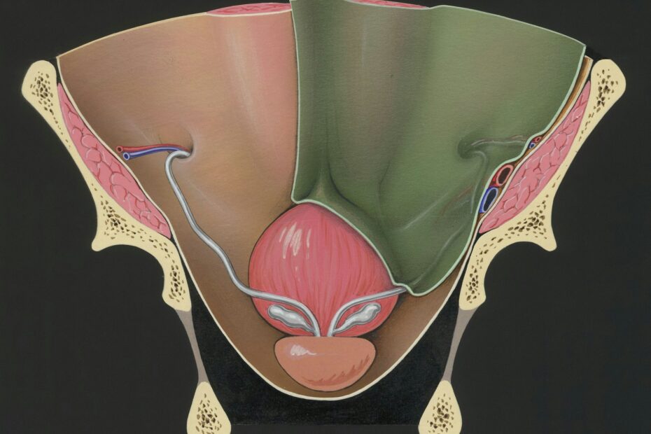 Illustration of a cross-sectional view of the male pelvis showing the bladder, prostate gland, urethra, and surrounding blood vessels and tissues.