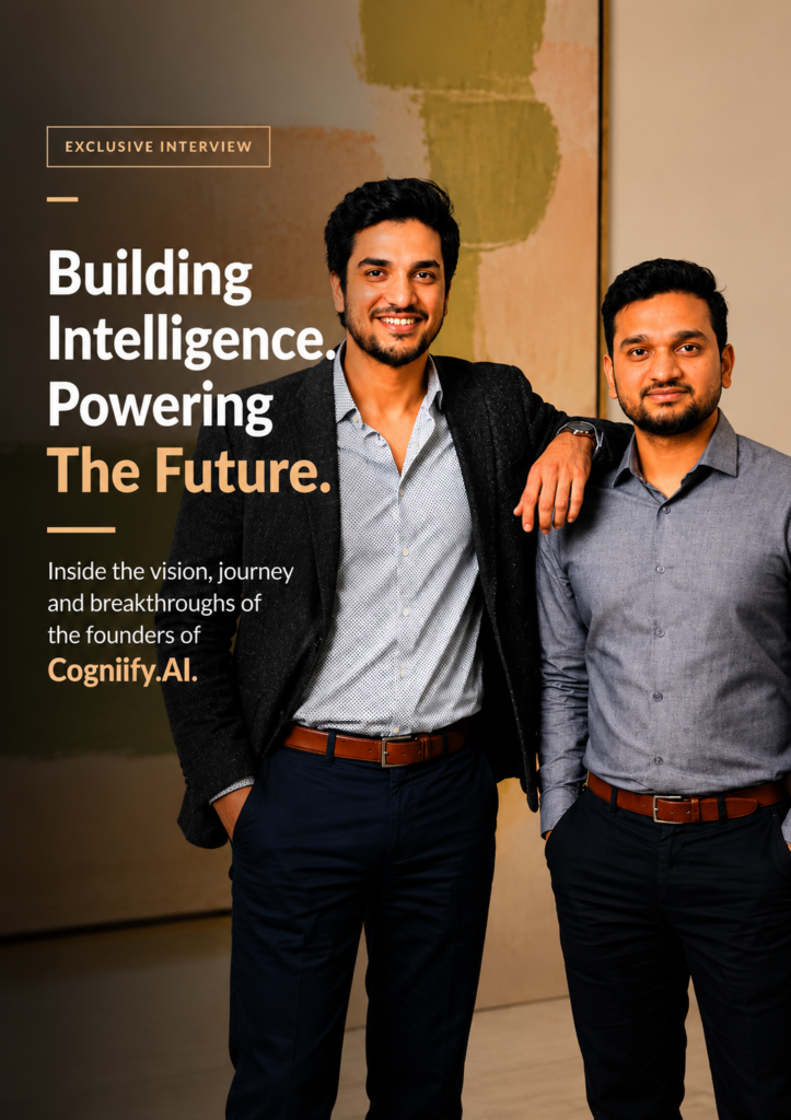 An exclusive interview feature graphic showing the two male founders of Cogniify.AI standing side-by-side against a warm-toned background, alongside the headline "Building Intelligence. Powering The Future."