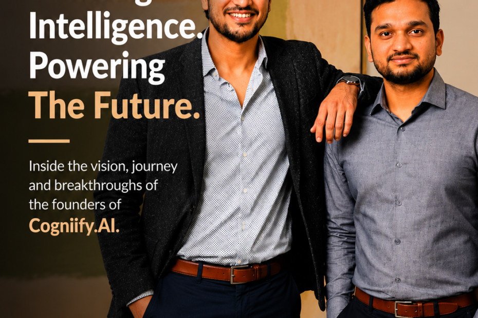 An exclusive interview feature graphic showing the two male founders of Cogniify.AI standing side-by-side against a warm-toned background, alongside the headline "Building Intelligence. Powering The Future."