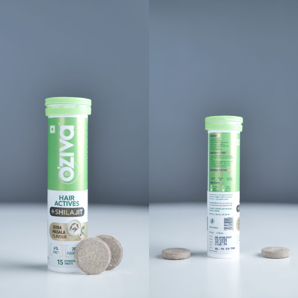 OZiva Hair Actives + Shilajit effervescent tablets container with front and back packaging view