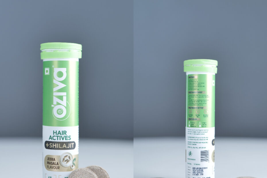 OZiva Hair Actives + Shilajit effervescent tablets container with front and back packaging view