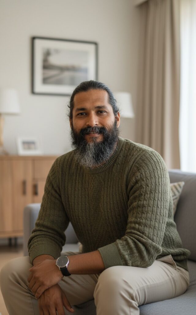 A middle-aged bearded man with long tied-back hair sits on a sofa in a softly lit modern living room, wearing an olive green sweater and beige trousers.