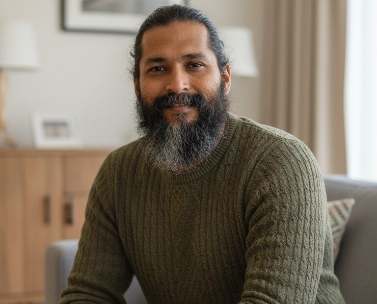 A middle-aged bearded man with long tied-back hair sits on a sofa in a softly lit modern living room, wearing an olive green sweater and beige trousers.