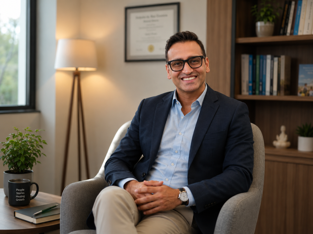 Professional portrait of a mental health clinician in a contemporary therapy office, highlighting expertise in trauma, resilience, and psychological wellbeing.