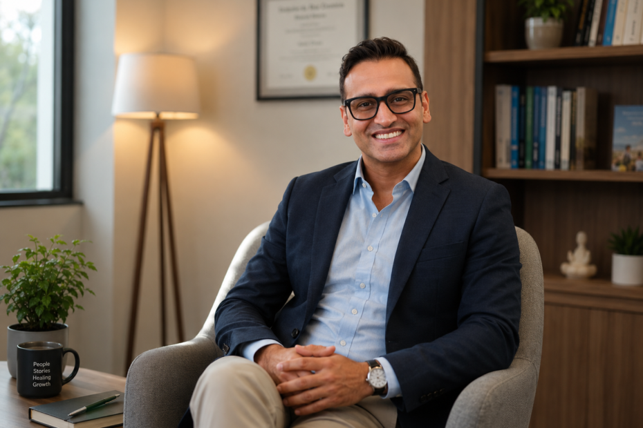 Professional portrait of a mental health clinician in a contemporary therapy office, highlighting expertise in trauma, resilience, and psychological wellbeing.