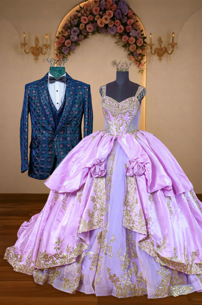Lavender and gold embellished bridal gown paired with a richly patterned navy tuxedo, showcasing artistic couture craftsmanship for modern couples.