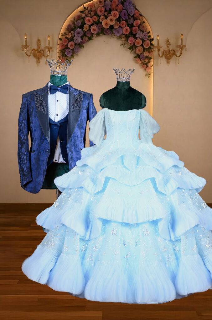 Elegant bridal couture duo featuring a powder blue layered ball gown paired with a royal blue embroidered groom tuxedo from La Fantaisie's luxury wedding collection.