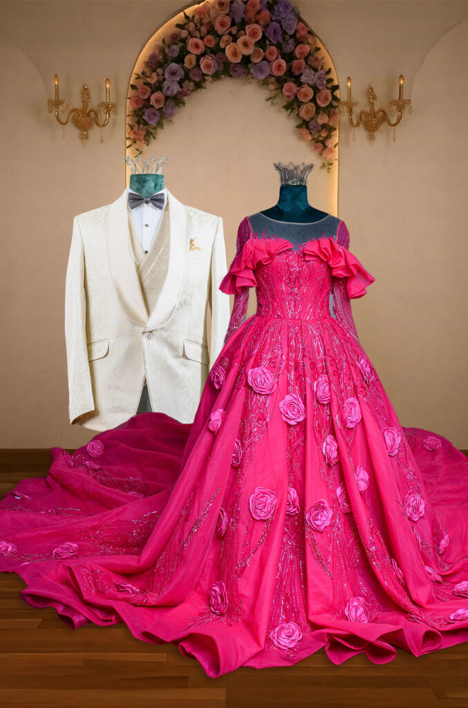 Statement bridal and groom ensemble showcasing a vibrant pink floral embellished ball gown paired with an ivory textured tuxedo for modern wedding celebrations.