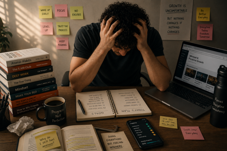 An anxious man surrounded by self-help books, productivity planners, and goal-setting tools, highlighting the hidden stress of self-improvement culture.